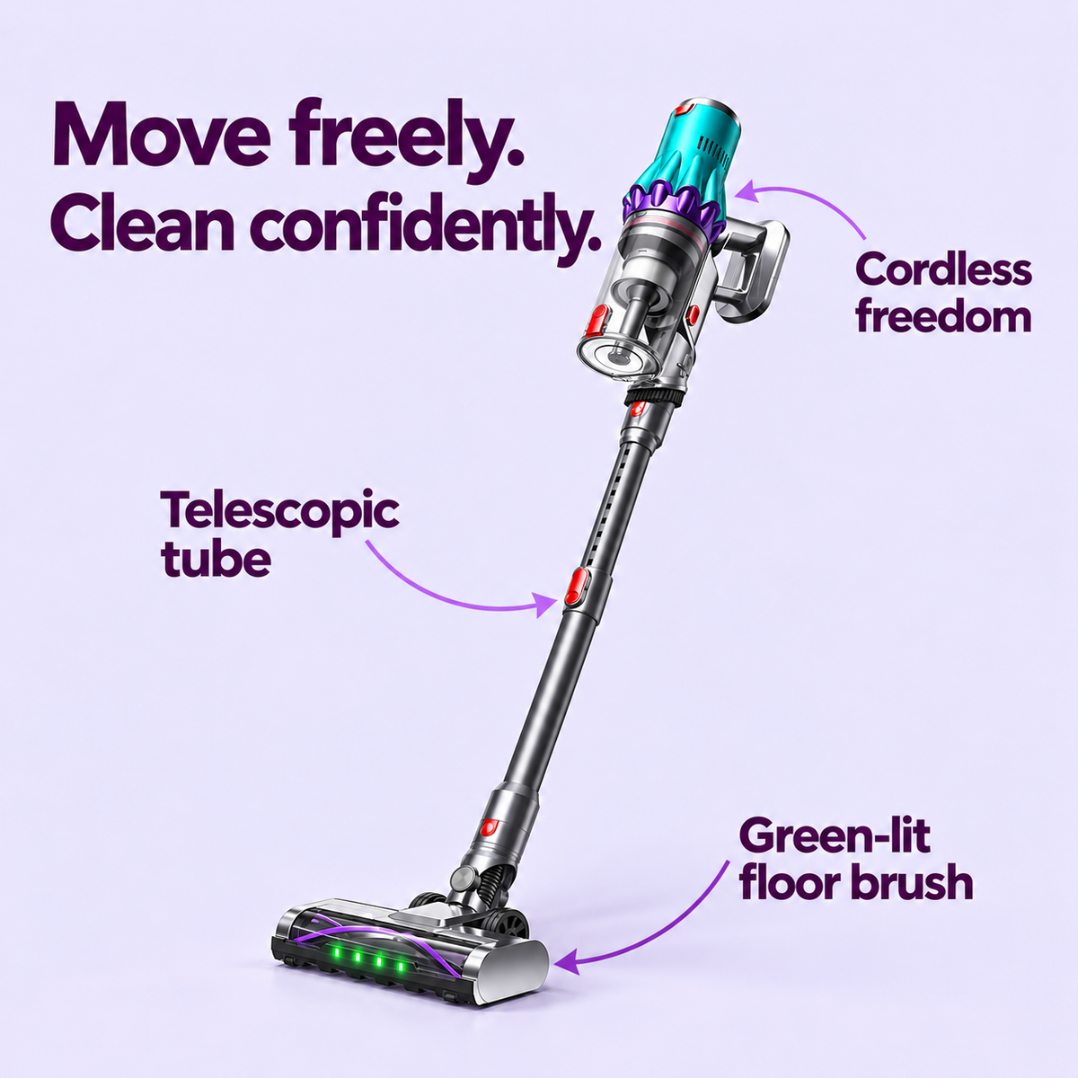 Cordless freedom, telescopic tube and illuminated floor brush — illustrated benefits