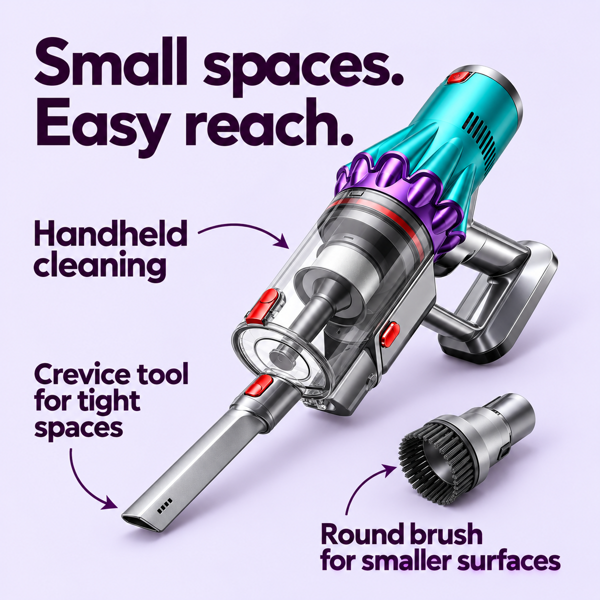 Handheld cleaning, crevice tool and round brush — illustrated benefits
