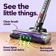 Green-lit floor brush — illustrated features and benefits