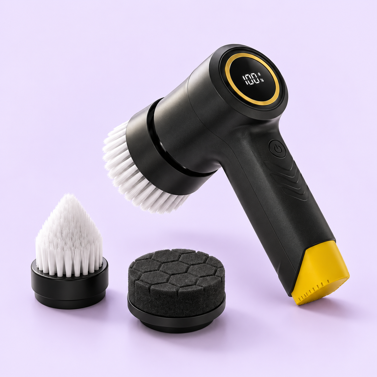 Power Scrub with interchangeable cleaning heads on lavender background